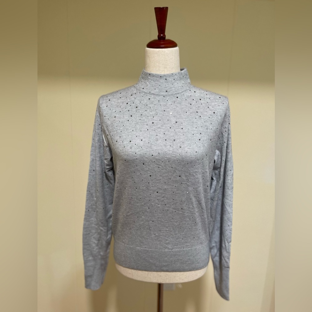 Halogen Mock Turtleneck Sweater with Rhinestones Gray S
